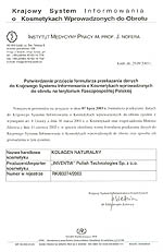 Potwierdzenie przyjęcia formularza przekazania danych do Krajowego Systemu Informowania o Kosmetykach wprowadzonych do obrotu na terenie Rzeczypospolitej Polskiej wydane przez Instytut Medycyny Pracy im. J. Nofera w Łodzi.